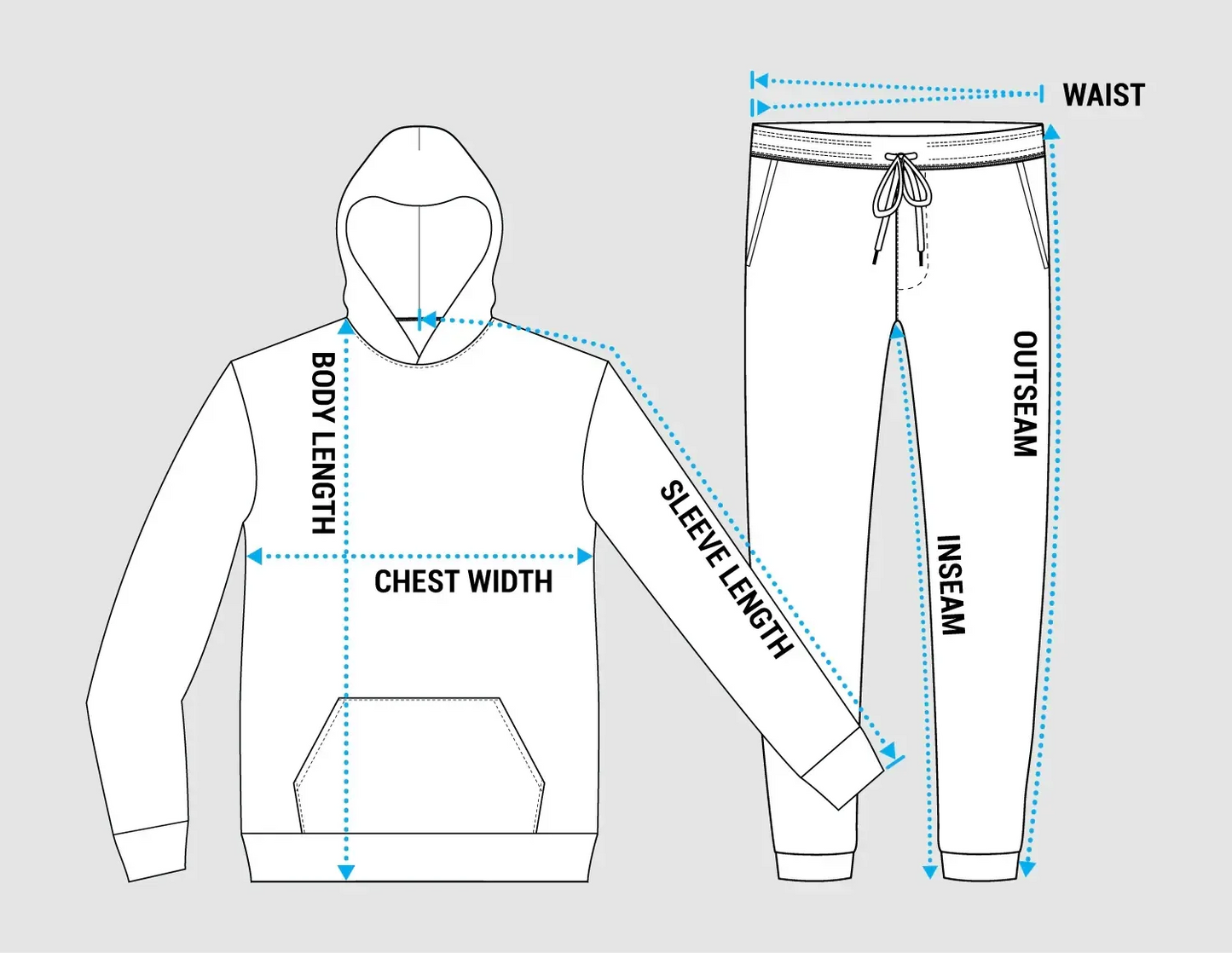 Measurement guide for the Bloodline 8790 Rising Flame Bleached Hoodie illustration for hoodie and pants, showing how to measure body length, chest width, sleeve, waist, inseam, and outseam.