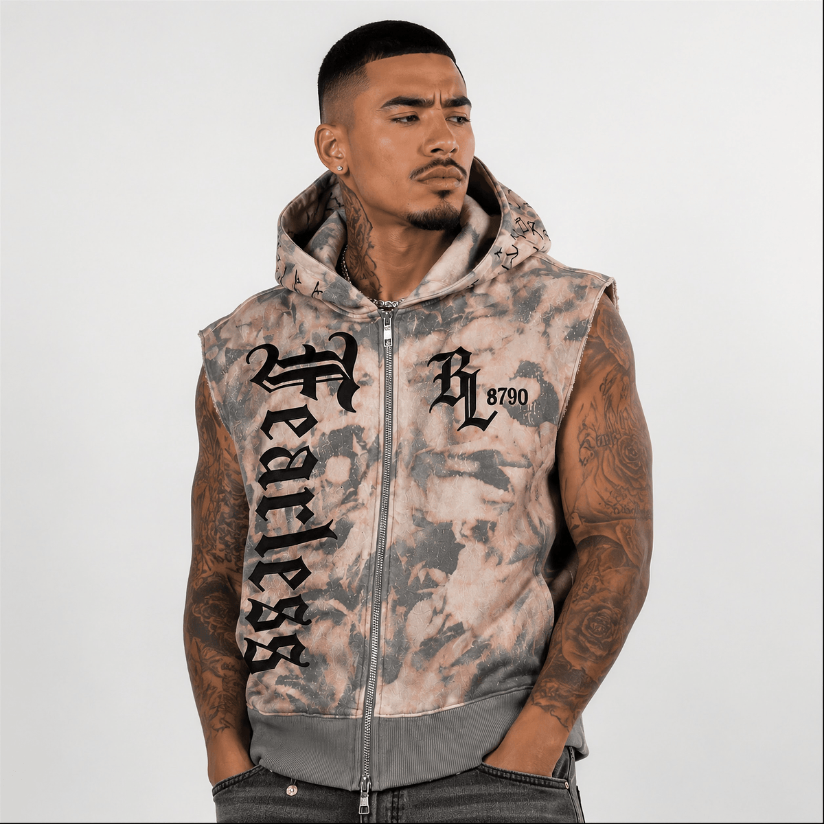 Bloodline 8790 oversized sleeveless zip hoodie with gothic crest and Born Apart Rising Together angel graphic, premium heavyweight streetwear vest