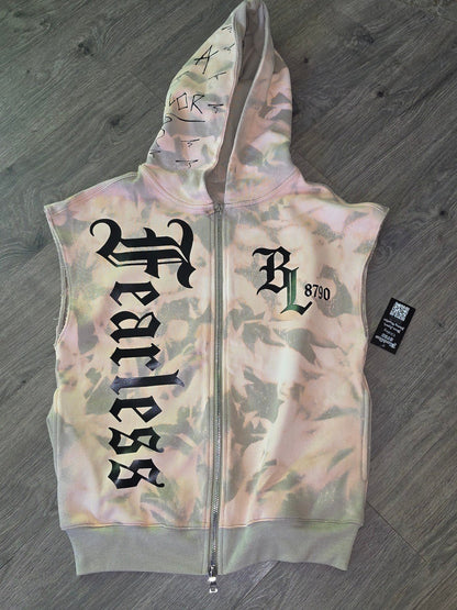 Bloodline 8790 oversized sleeveless zip hoodie with gothic crest and kneeling angel graphic, premium heavyweight cotton blend