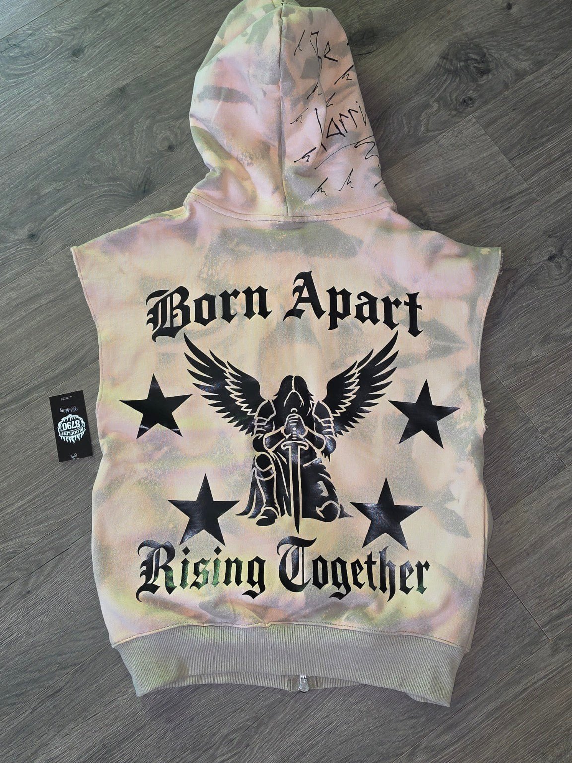 Bloodline 8790 oversized sleeveless zip hoodie with gothic BL8790 crest and Born Apart Rising Together angel graphic