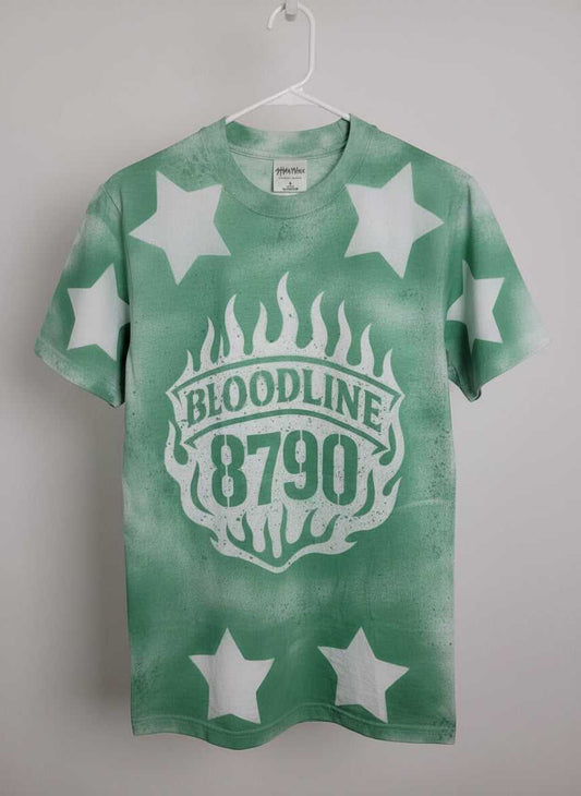 Bloodline 8790 Rising Star Fabric Painted Tee in green with Bloodline 8790 logo and star graphics.