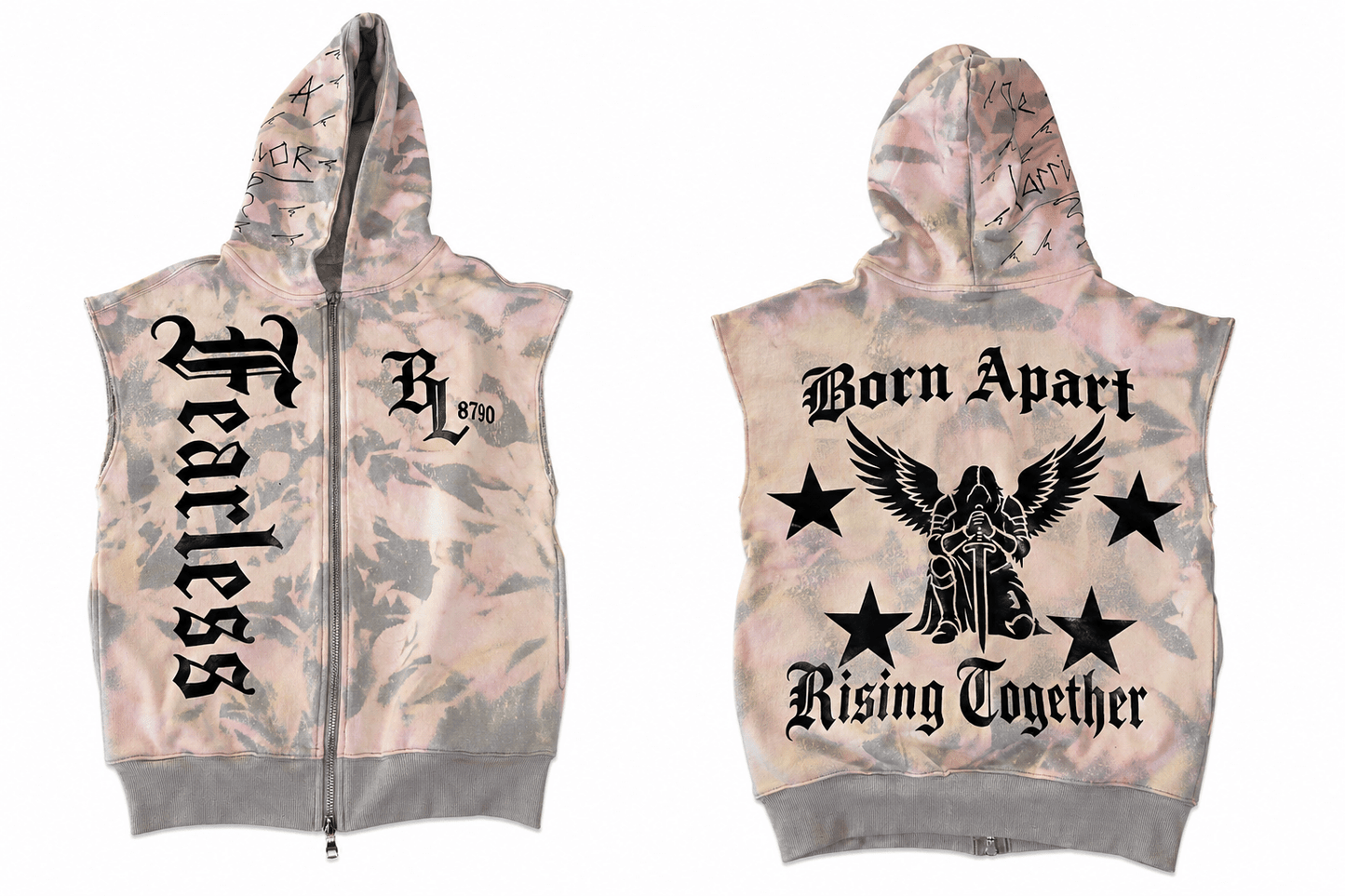 Bloodline 8790 sleeveless zip hoodie with gothic BL8790 crest and Born Apart Rising Together angel graphic premium streetwear