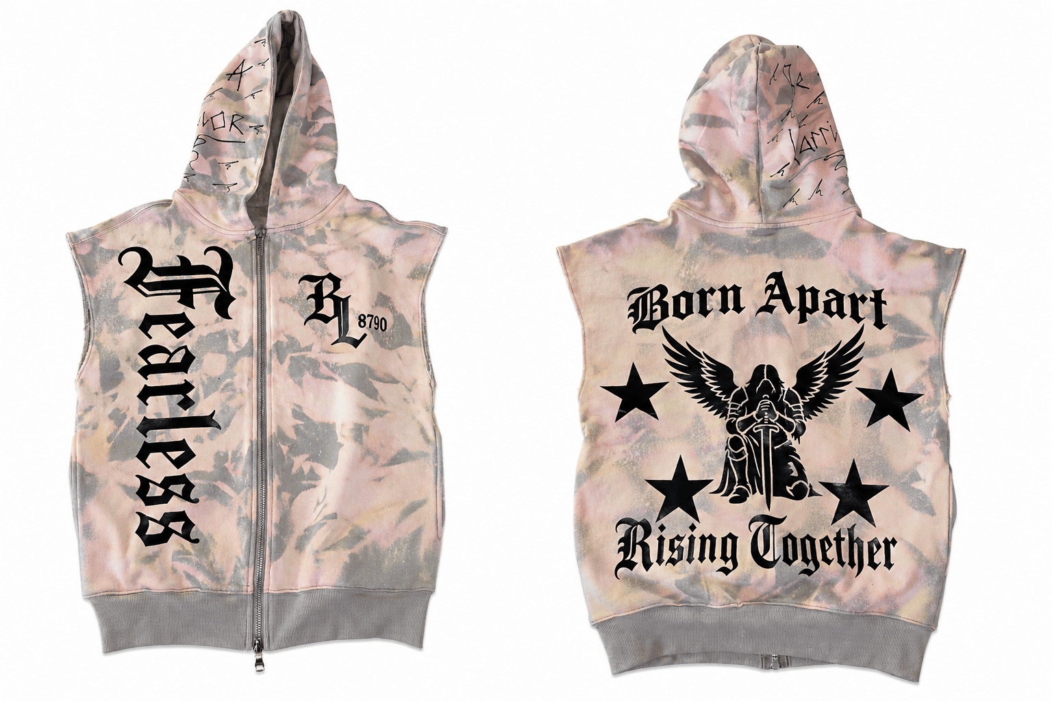Bloodline 8790 sleeveless zip hoodie with gothic BL8790 crest and Born Apart Rising Together angel graphic premium streetwear
