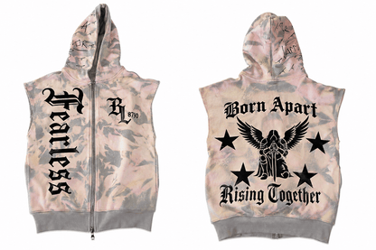 Bloodline 8790 sleeveless zip hoodie with gothic BL8790 crest and Born Apart Rising Together angel graphic premium streetwear