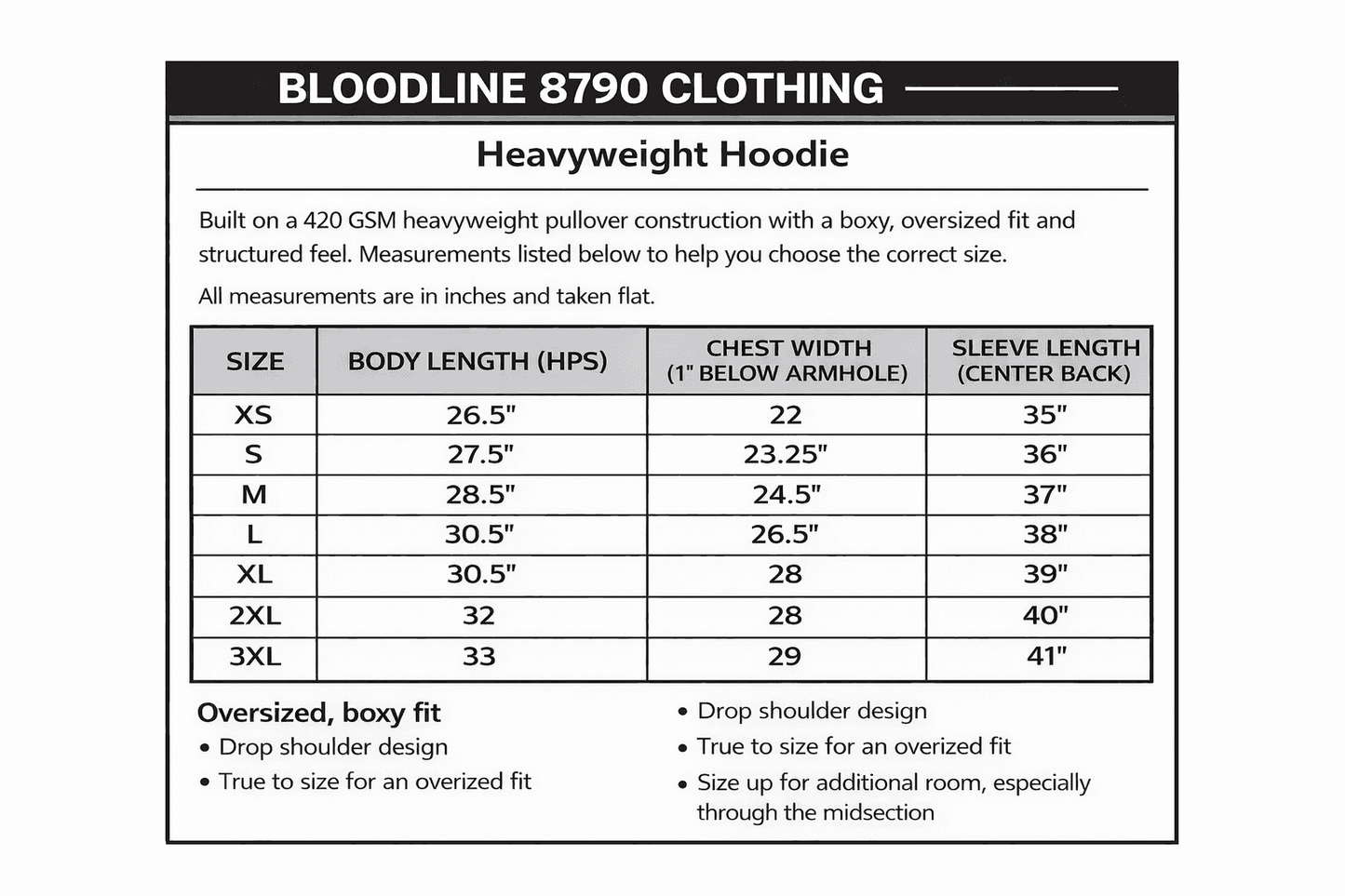 Size chart for Bloodline 8790 Rising Flame Bleached Hoodie, detailing body length, chest width, and sleeve length for oversized streetwear fit.
