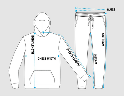 Measurement guide for the Bloodline 8790 Rising Flame Bleached Hoodie  illustration for hoodie and pants, showing how to measure body length, chest width, sleeve, waist, inseam, and outseam.