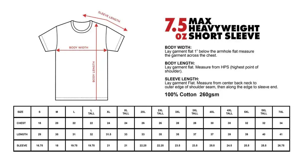 Size chart for 7.5 oz heavyweight short sleeve t-shirt, detailing measurements for Bloodline 8790 Rising Flame Bleached Tee in 100% cotton, 260gsm fabric.