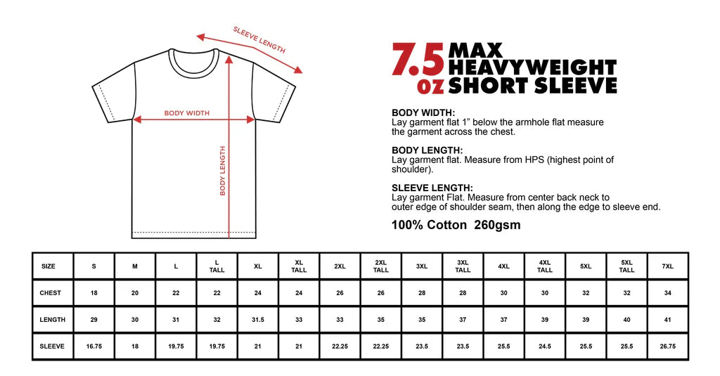 Bloodline 8790 FLAME CREST TEE sizing chart, showing dimensions for chest, length, and sleeve in 100% cotton from Bloodline 8790.