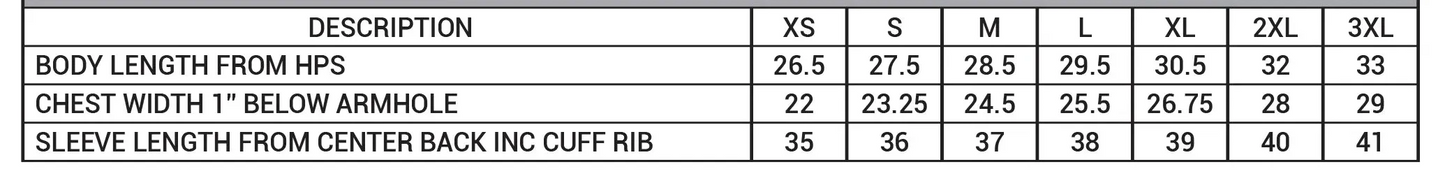 Size chart for Bloodline 8790 Cosmic Star Heavyweight Hoodie showing body length, chest width, and sleeve length for sizes XS to 3XL.