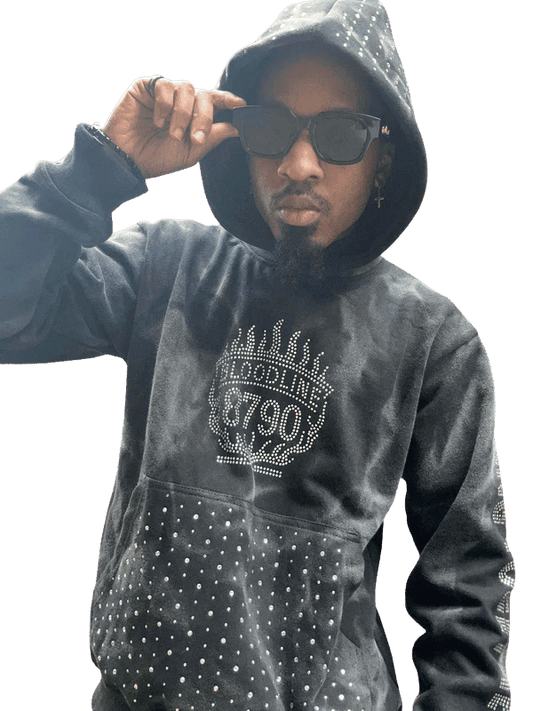 Bloodline 8790 Aurora Acid Washed Hoodie Limited Drop featuring rhinestone logo and oversized fit in premium 400 GSM fabric. Stylish streetwear hoodie with aurora-style wash.