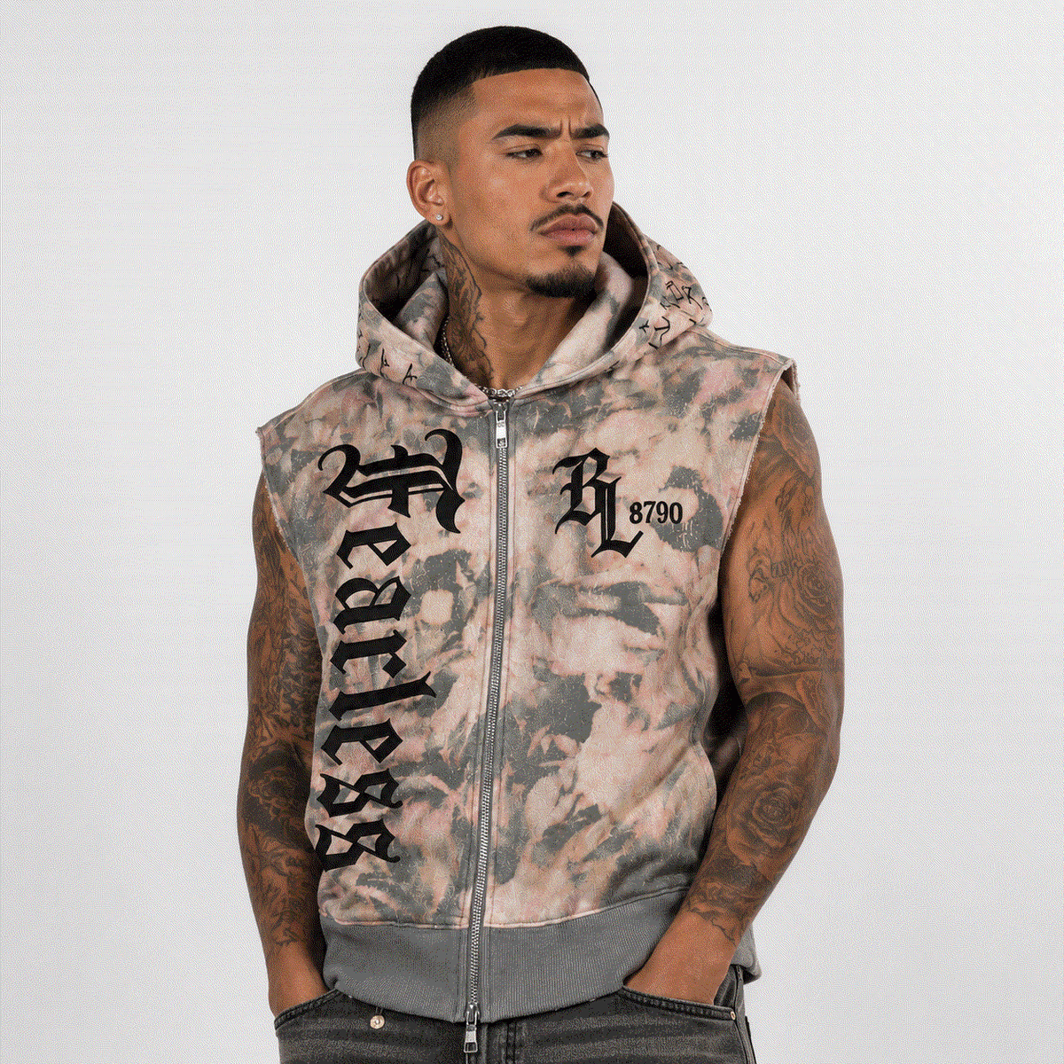 Distressed sleeveless zip hoodie in grey and beige tie-dye with black Fearless & Blessed graphics and oversized fit.