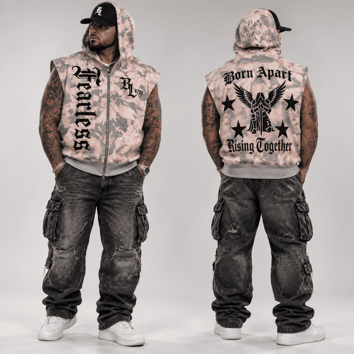 distressed sleeveless zip hoodie in pink and gray camo with bold black graphics and raw distressed details, styled oversized