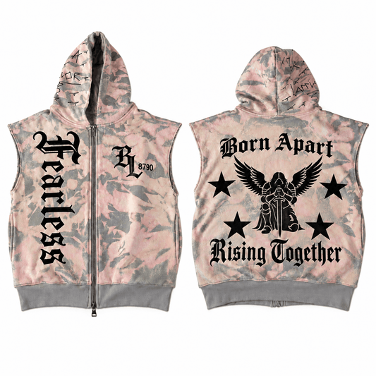 Distressed sleeveless zip hoodie in faded pink and gray camouflage with black Fearless and Born Apart Rising Together graphics