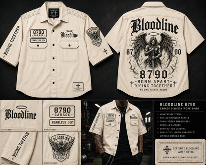 Bloodline 8790 Garage Division work shirt featuring durable fabric, long sleeves, and a classic fit for industrial work environments.