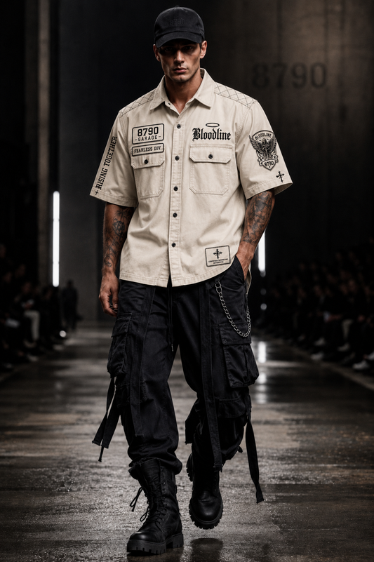 Bloodline 8790 Garage Division work shirt in durable fabric, featuring a classic design and chest pockets for workwear comfort.